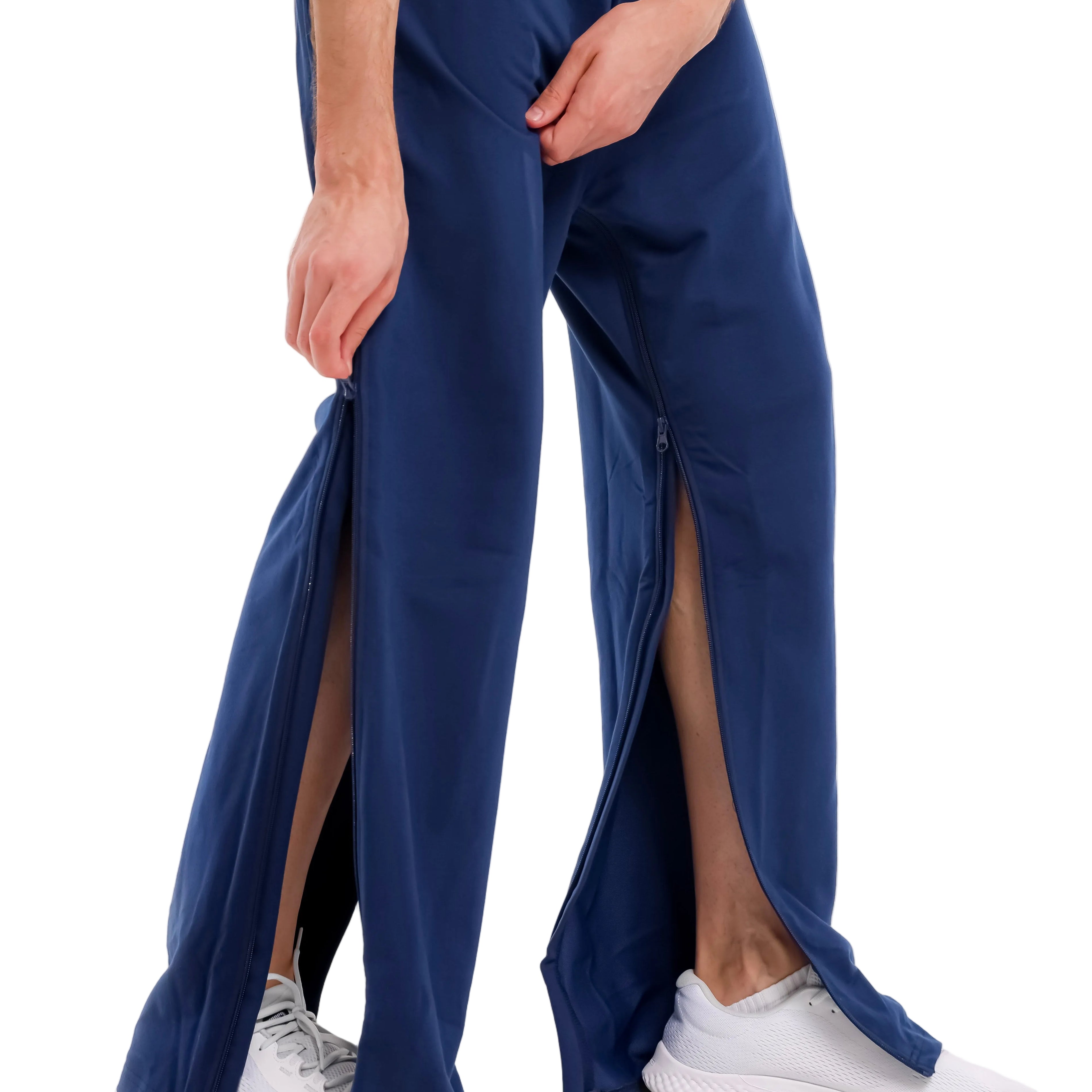 Navy blue adapytive pants with a side opening Adaptive Bedbound Patient Care Trousers Zip-Open Inseam 1