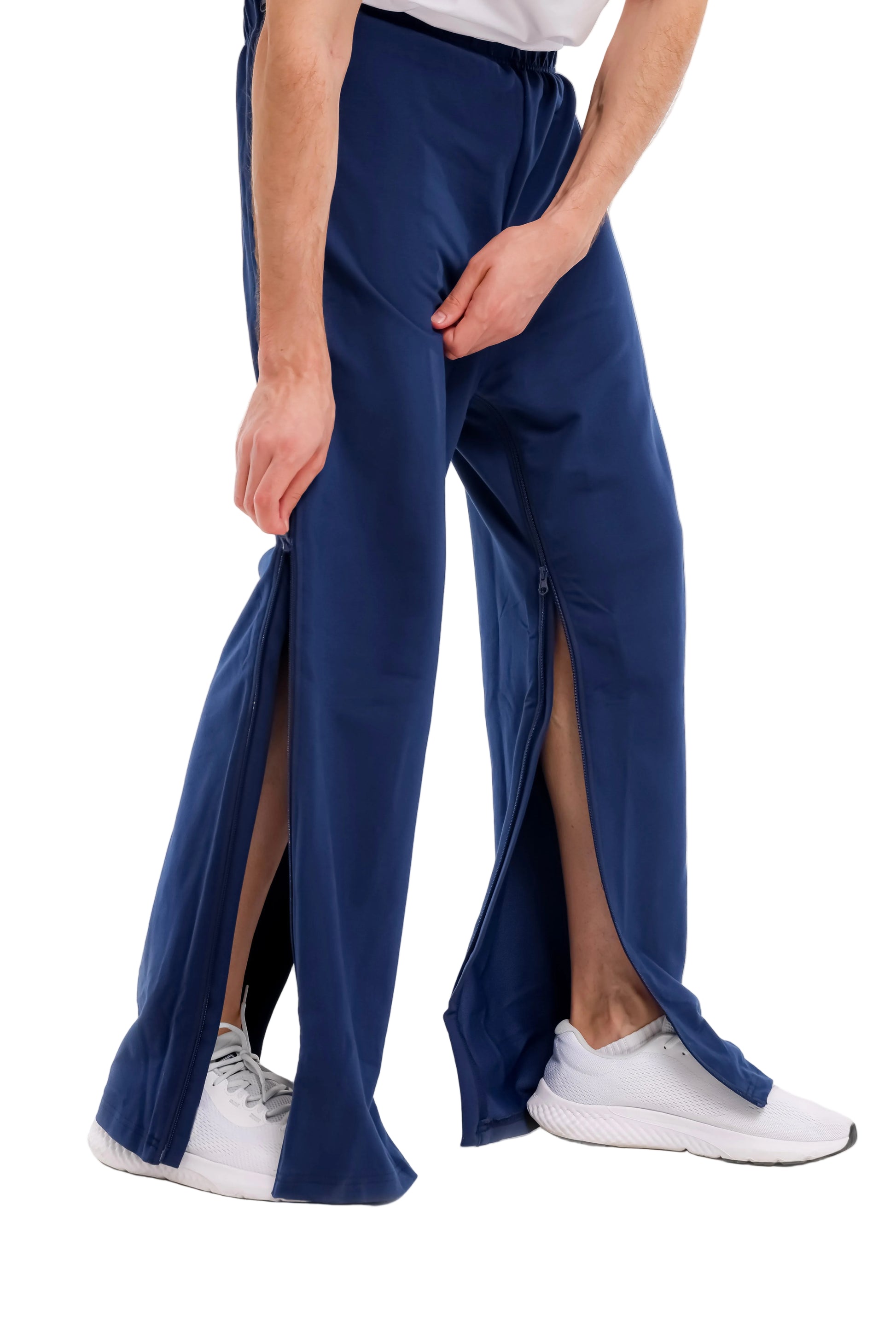 Navy blue adapytive pants with a side opening Adaptive Bedbound Patient Care Trousers Zip-Open Inseam 1