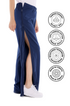 Person wearing blue pants with a high slit, standing against a white background, with brand certification logos displayed. Adaptive_Bedbound_Patient_Care_Trousers_Zip-Open_Inseam_12
